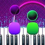 Hình ảnh hiển thị bàn phím piano với các ô màu sắc rực rỡ như tím, xanh lá và xanh dương nổi bật trên nền họa tiết tím