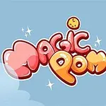 Chữ Magic Pom đầy màu sắc với các nhân vật hoạt hình đáng yêu nổi trên nền trời xanh, xung quanh có cây cối và các ngôi sao lấp lánh