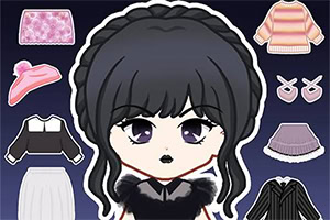 Hình ảnh một nhân vật chibi với tóc đen, mắt tím, xung quanh là nhiều loại trang phục và phụ kiện đa dạng