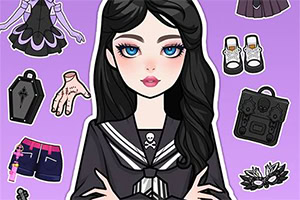 Cô gái phong cách gothic tóc đen mặc đồng phục thủy thủ, xung quanh là quần áo và phụ kiện trên nền tím