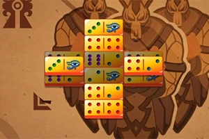 Các quân cờ domino màu sắc tươi sáng xếp chồng lên nhau tạo thành hình chữ thập trên nền có hình ảnh các chiến binh cổ đại