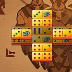 Các quân cờ domino màu sắc tươi sáng xếp chồng lên nhau tạo thành hình chữ thập trên nền có hình ảnh các chiến binh cổ đại