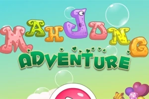 Chữ Mahjong Adventure được thiết kế với các ký tự đầy màu sắc trên nền xanh nhạt với bong bóng nổi