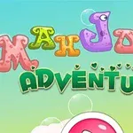 Chữ Mahjong Adventure được thiết kế với các ký tự đầy màu sắc trên nền xanh nhạt với bong bóng nổi