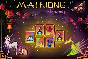 Hình ảnh có chữ Mahjong Alchemy với các biểu tượng kỳ ảo như kỳ lân, chim thần thoại, bướm và hoa anh đào