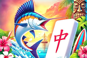 Cá kiếm đang nhảy lên khỏi mặt nước với nền biển, hoa dâm bụt, mặt nạ tiki và một quân bài mạt chược