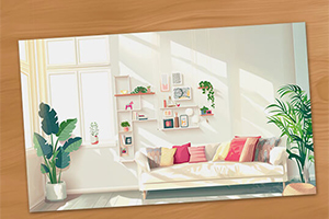 Phòng khách sáng sủa với ghế sofa màu trắng, gối nhiều màu sắc, cây xanh và kệ treo trang trí trên tường