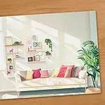 Phòng khách sáng sủa với ghế sofa màu trắng, gối nhiều màu sắc, cây xanh và kệ treo trang trí trên tường