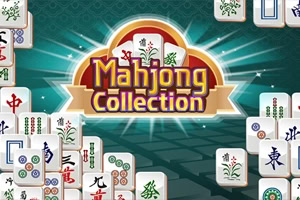 Logo Mahjong Collection nổi bật giữa nền xanh tia sáng, xung quanh là các quân mạt chược xếp chồng