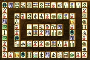 Hình ảnh hiển thị một bố cục các quân bài mahjong được sắp xếp theo hình xoắn ốc trên nền gỗ
