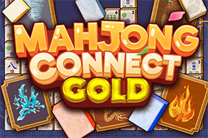Logo chữ MAHJONG CONNECT GOLD màu cam vàng nổi bật, bao quanh bởi các quân bài mạt chược và thẻ bài trang trí hình băng, lửa