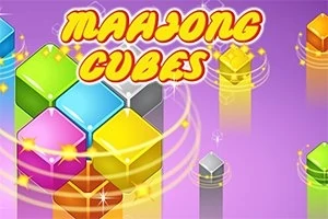 Các khối lập phương nhiều màu sắc xếp thành hình lưới trên nền màu tím, với dòng chữ màu vàng MAHJONG CUBES phía trên
