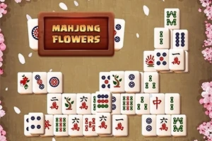 Các khối gạch Mahjong được sắp xếp trên nền có viền hoa anh đào và bảng hiệu Mahjong Flowers