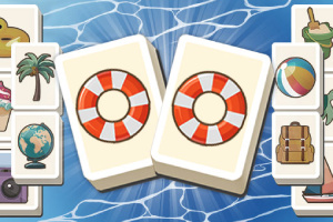 Hai khối domino với hình phao cứu hộ nổi bật ở trung tâm, xung quanh là các khối có hình ảnh chủ đề mùa hè như cây cọ, địa cầu, và bóng bãi biển, trên nền xanh sóng nước