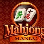 Hình ảnh có nền màu đỏ với họa tiết hoa văn và hai quân mạt chược nổi bật phía trên văn bản Mahjong Mania!