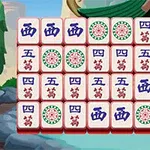 Các quân cờ mạt chược xếp thành lưới trước cảnh nền truyền thống Châu Á với mái ngói xanh và cổng đỏ