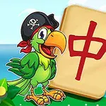 Chú vẹt đội mũ hải tặc đứng bên cạnh viên gạch có ký tự tiếng Trung, xung quanh là phong cảnh biển và hoa
