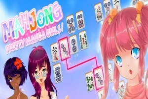 Các cô gái manga với tóc màu rực rỡ ở phía trước một trò chơi xếp hình mahjong
