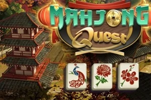 Một ngôi chùa Nhật Bản truyền thống với mái ngói xanh và các lá bài mahjong có hoa văn chim công, hoa cúc, và hoa mai phía trước