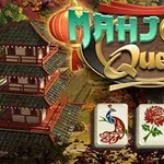 Một ngôi chùa Nhật Bản truyền thống với mái ngói xanh và các lá bài mahjong có hoa văn chim công, hoa cúc, và hoa mai phía trước