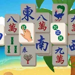 Một bàn xếp gạch với các ký hiệu và hình vẽ đặt trước nền biển và cây dừa