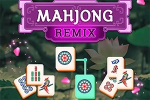Các quân bài mạt chược với họa tiết chim và hoa văn, nằm dưới tiêu đề Mahjong Remix trên nền hoa lá