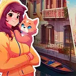 Một cô gái đội mũ vàng ôm một con mèo cam đứng trước khung cảnh thành phố với các tòa nhà và một con kênh, bên cạnh là các khối gạch màu vàng với hình hoa và đèn lồng