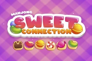 Hình ảnh có nền màu tím kẻ caro với chữ Sweet Connection màu hồng và cam, kèm theo các biểu tượng kẹo bên dưới