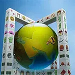 Quả cầu màu xanh với bản đồ thế giới được bao quanh bởi các khối cảm hứng từ mạt chược, trên nền trời xanh