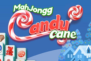 Tiêu đề Candy Cane với nền xanh, cây kẹo mút đỏ trắng và hình ảnh của các ngôi nhà phủ tuyết