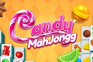 Hình ảnh có chữ Candy MahJongg với hình nền gồm kẹo, viên ngọc hình tròn và các ô hình ảnh trái cây, bánh kẹo