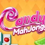 Hình ảnh có chữ Candy MahJongg với hình nền gồm kẹo, viên ngọc hình tròn và các ô hình ảnh trái cây, bánh kẹo