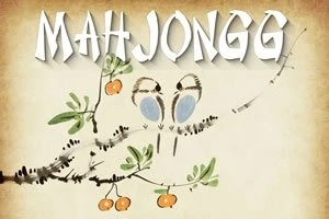 Hình ảnh có hai chú chim trên cành cây với quả màu cam, nền phong cách nghệ thuật thủy mặc và chữ MAHJONGG lớn phía trên