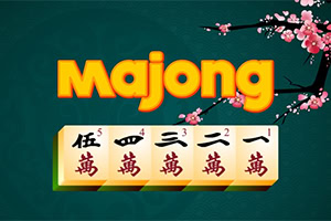 Tiêu đề Majong nổi bật với các ký tự trên quân cờ và họa tiết hoa anh đào