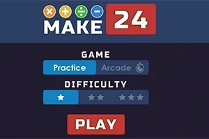 Giao diện menu với tiêu đề MAKE 24, các tùy chọn chế độ chơi và mức độ khó, cùng nút PLAY