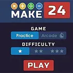 Giao diện menu với tiêu đề MAKE 24, các tùy chọn chế độ chơi và mức độ khó, cùng nút PLAY