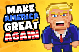 Hình ảnh pixel của một nhân vật mang đồ vest xanh và cravat đỏ, bên cạnh dòng chữ MAKE AMERICA GREAT AGAIN
