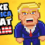 Hình ảnh pixel của một nhân vật mang đồ vest xanh và cravat đỏ, bên cạnh dòng chữ MAKE AMERICA GREAT AGAIN