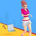 Cô gái tóc hồng mặc áo hoodie và váy trắng chạy trên con đường với hình ảnh một chìa khóa, máy tính xách tay và cây viết