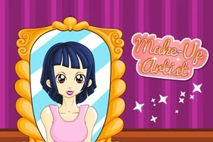 Một cô gái tóc ngắn màu đen nhìn vào gương trong khung vàng, với dòng chữ Make-Up Artist bên cạnh trên nền màu tím