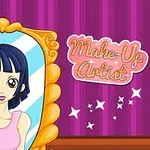 Một cô gái tóc ngắn màu đen nhìn vào gương trong khung vàng, với dòng chữ Make-Up Artist bên cạnh trên nền màu tím