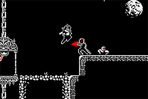 Một cảnh pixel đen trắng với nhân vật đang nhảy và vài quái vật trên nền mặt trăng