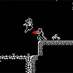 Một cảnh pixel đen trắng với nhân vật đang nhảy và vài quái vật trên nền mặt trăng