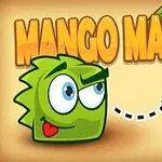 Nhân vật hoạt hình màu xanh với đôi mắt to nhìn quả xoài vàng dưới tán lá, kèm tiêu đề Mango Mania