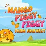 Một chú heo hoạt hình màu cam nằm cạnh chiếc lồng gỗ trên nền đồng quê với bầu trời xanh và chữ Mango Piggy Piggy Farm Harvest ở phía trên