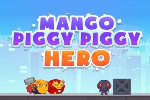 Hai nhân vật hoạt hình đứng trên nền thành phố với tên Mango Piggy Piggy Hero ở phía trên