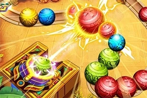 Một loạt các quả cầu đầy màu sắc đang di chuyển trên một đường ray, với một thiết bị phóng quả cầu nằm ở góc dưới bên trái