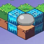 Khối đất dạng pixel với cỏ xanh, thác nước và tảng đá tròn ở trung tâm