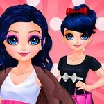 Hai nhân vật hoạt hình với mái tóc xanh đậm và mắt to, đứng trên nền hồng chấm bi trắng