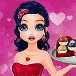 Cô gái tóc xanh với dây chuyền trái tim cầm khay đựng bánh ngọt và kẹo trong hộp trái tim trên nền hồng có hình trái tim